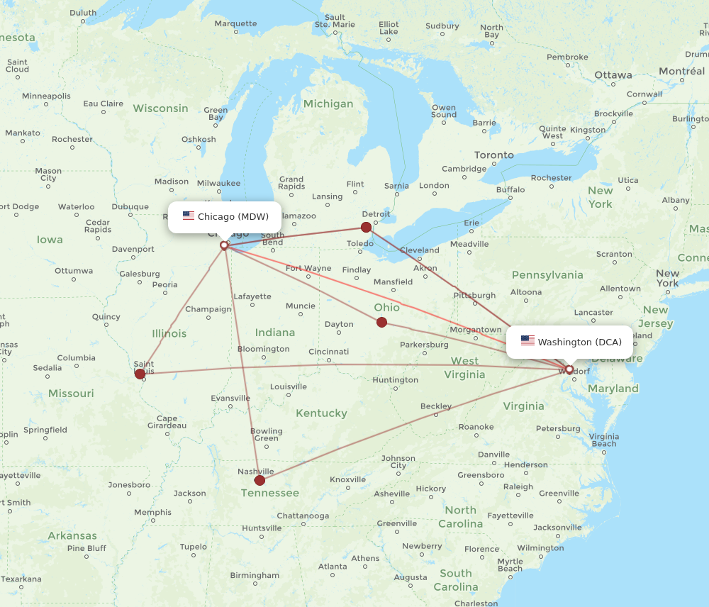 Flights from Chicago to Washington MDW to DCA Flight Routes