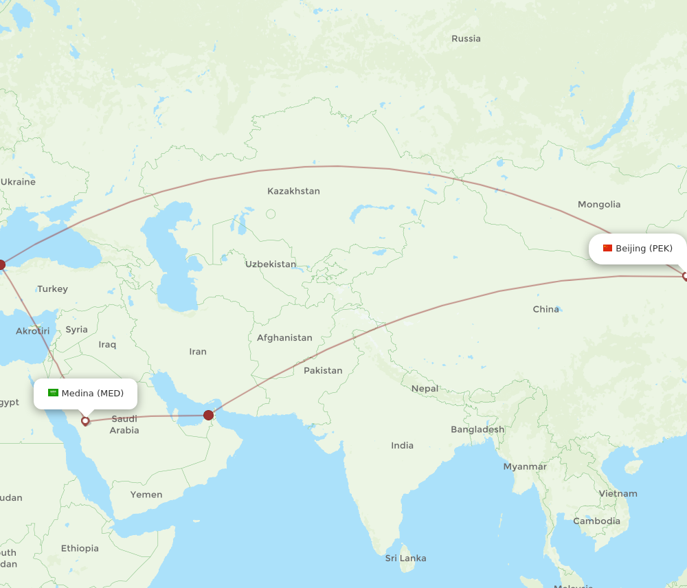 All flight routes from Madinah to Beijing, MED to PEK - Flight Routes