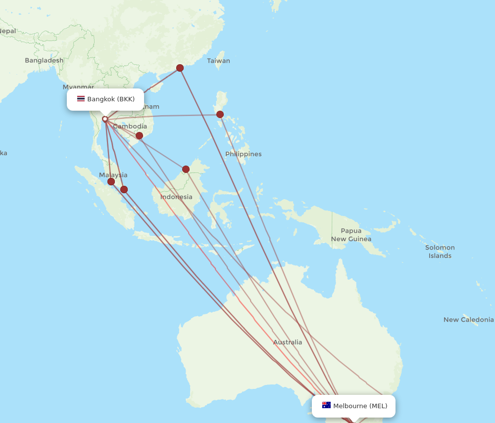 All flight routes from Melbourne to Bangkok, MEL to BKK Flight Routes