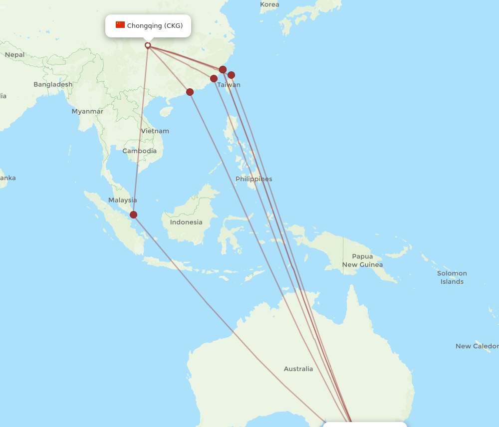 All flight routes from Melbourne to Chongqing, MEL to CKG - Flight Routes