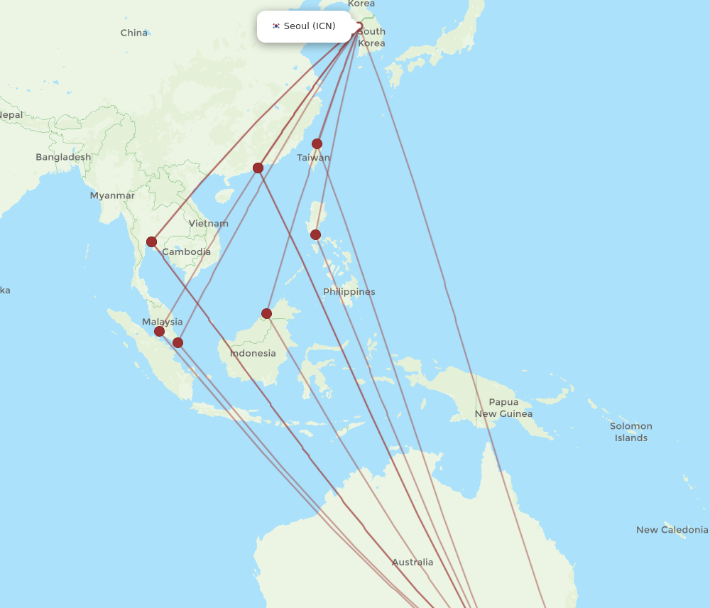 All flight routes from Melbourne to Seoul, MEL to ICN - Flight Routes