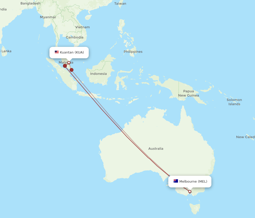 All flight routes from Melbourne to Kuantan, MEL to KUA - Flight Routes