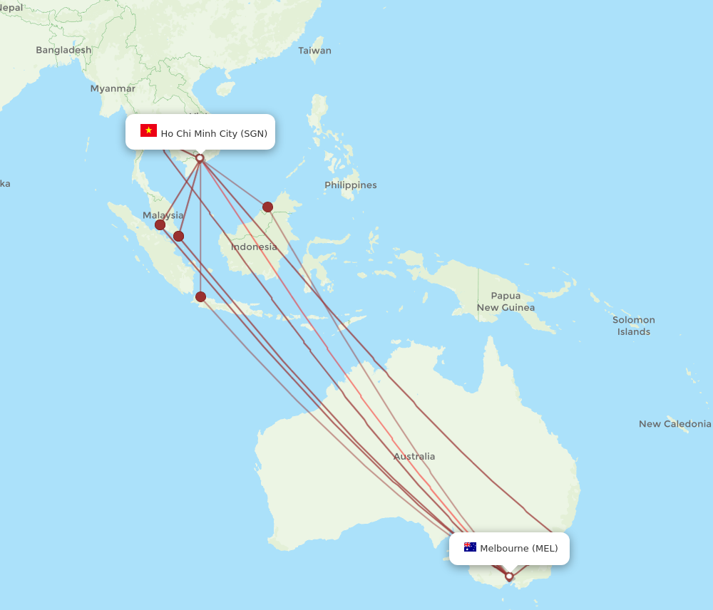 All flight routes from Melbourne to Ho Chi Minh City, MEL to SGN ...