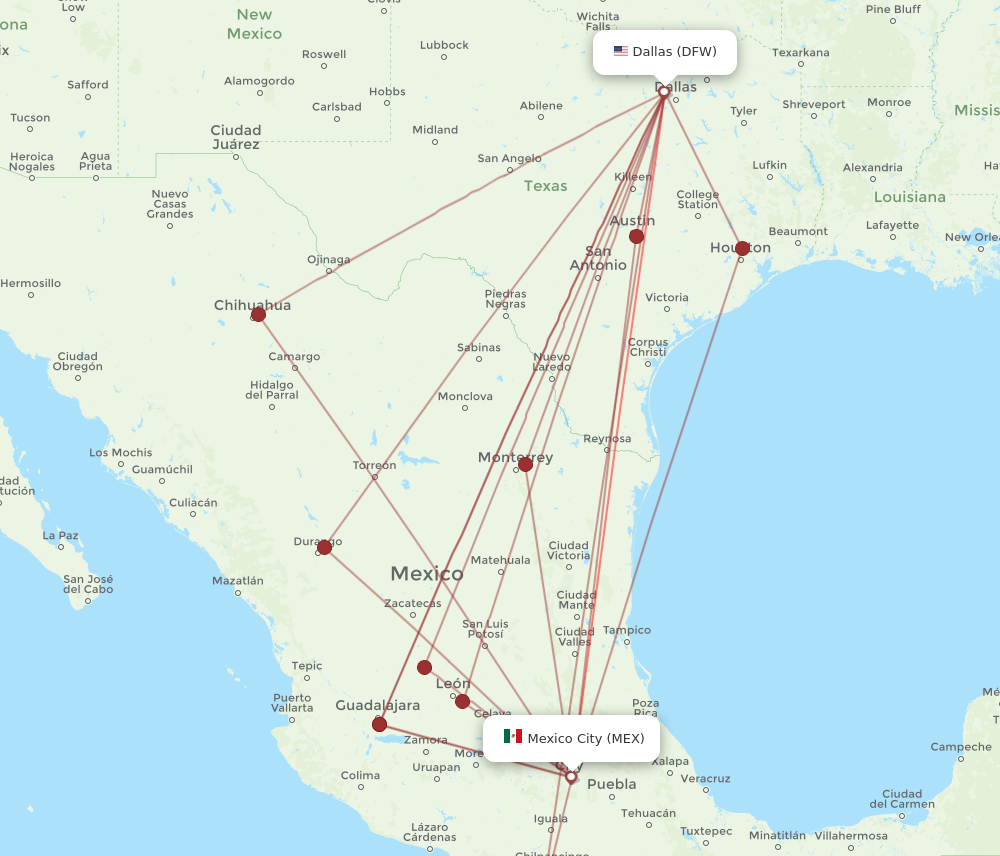 MEX to DFW flights and routes map