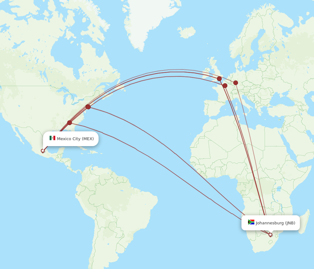 All flight routes from Mexico City to Johannesburg, MEX to JNB - Flight ...