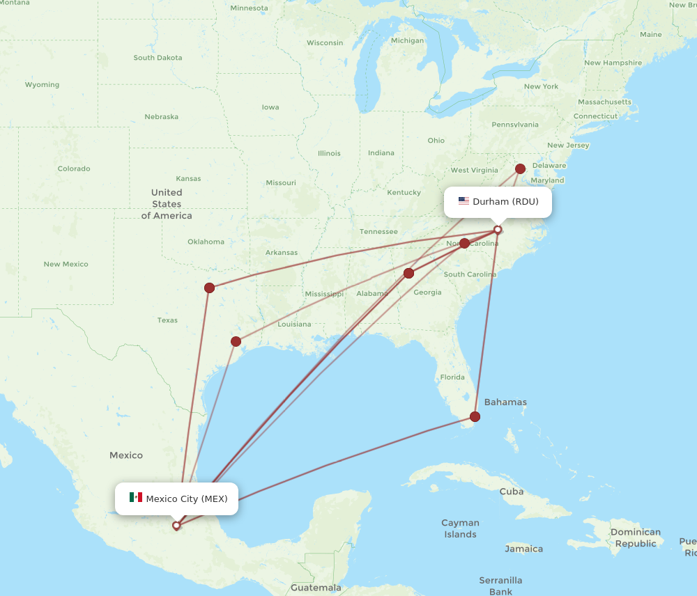 All flight routes from Mexico City to Raleigh/Durham, MEX to RDU ...