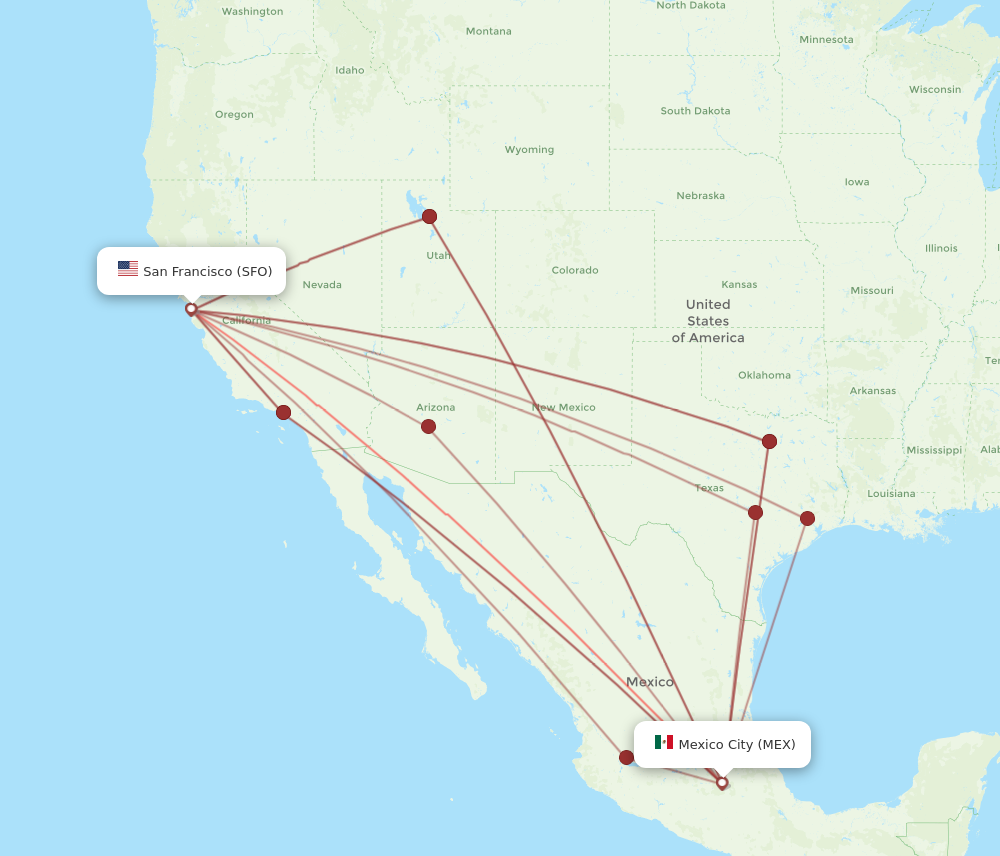 All flight routes from Mexico City to San Francisco, MEX to SFO ...