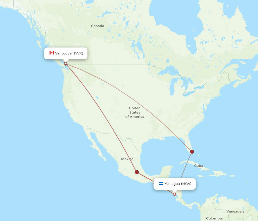 Flights from Managua to Vancouver MGA to YVR Flight Routes