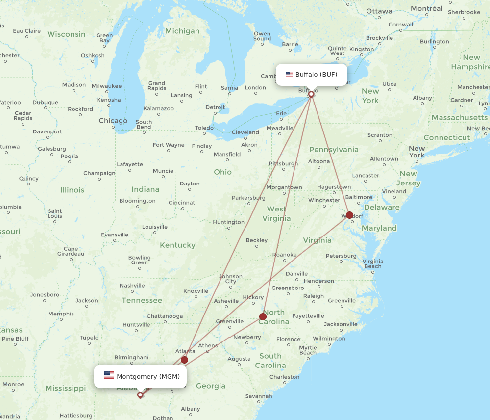 All flight routes from Montgomery to Buffalo, MGM to BUF - Flight Routes