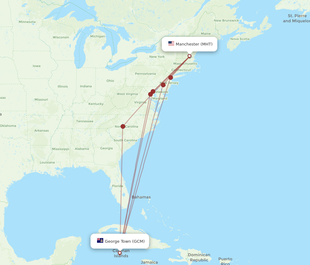 All flight routes from Manchester to Grand Cayman Island, MHT to GCM ...