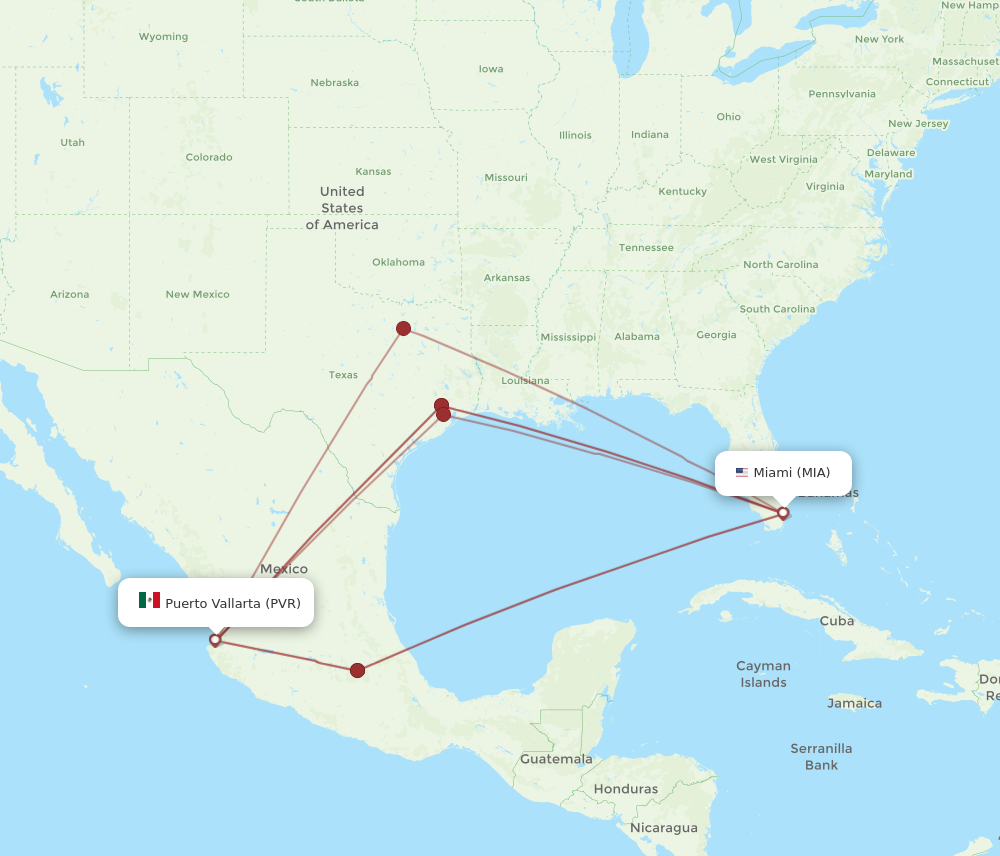 All flight routes from Miami to Puerto Vallarta, MIA to PVR - Flight Routes