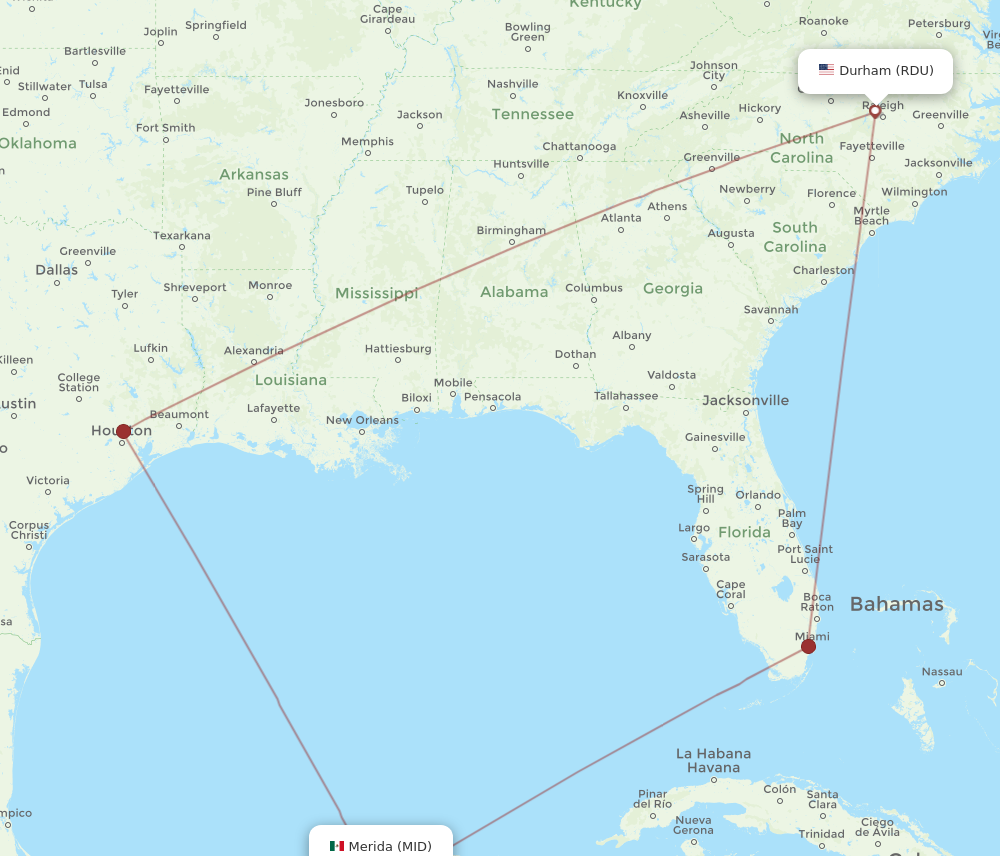 Flights from Merida to Raleigh Durham MID to RDU Flight Routes