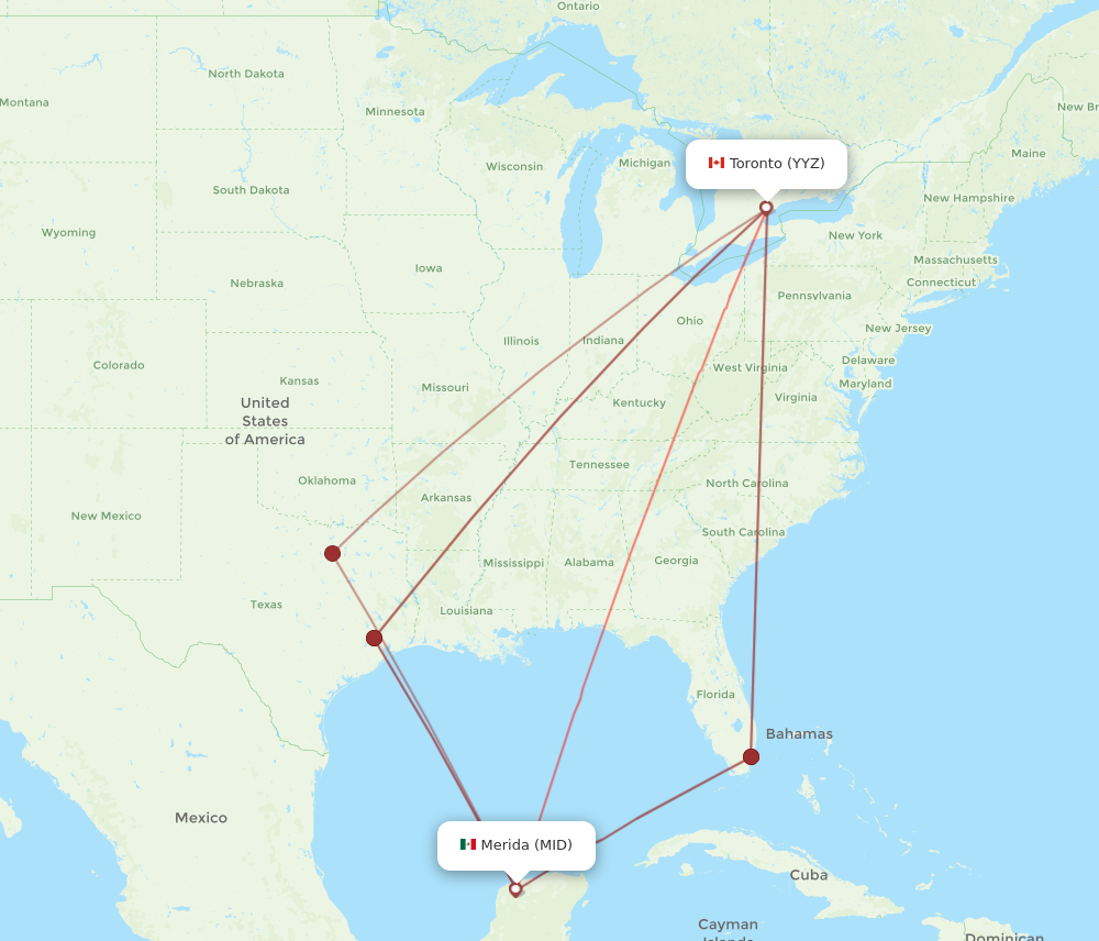 MID to YYZ flights and routes map