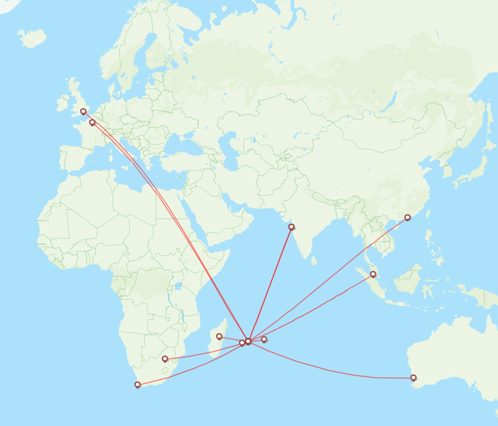 Air Mauritius airline routes (MK) 2025, map Flight Routes