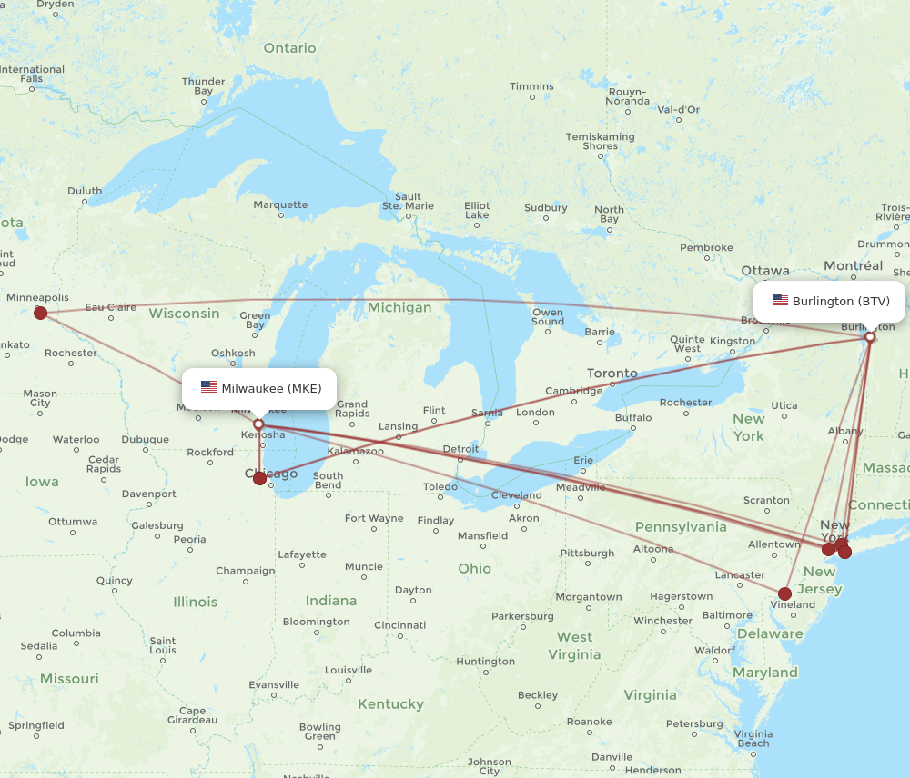 Flights from Milwaukee to Burlington MKE to BTV Flight Routes