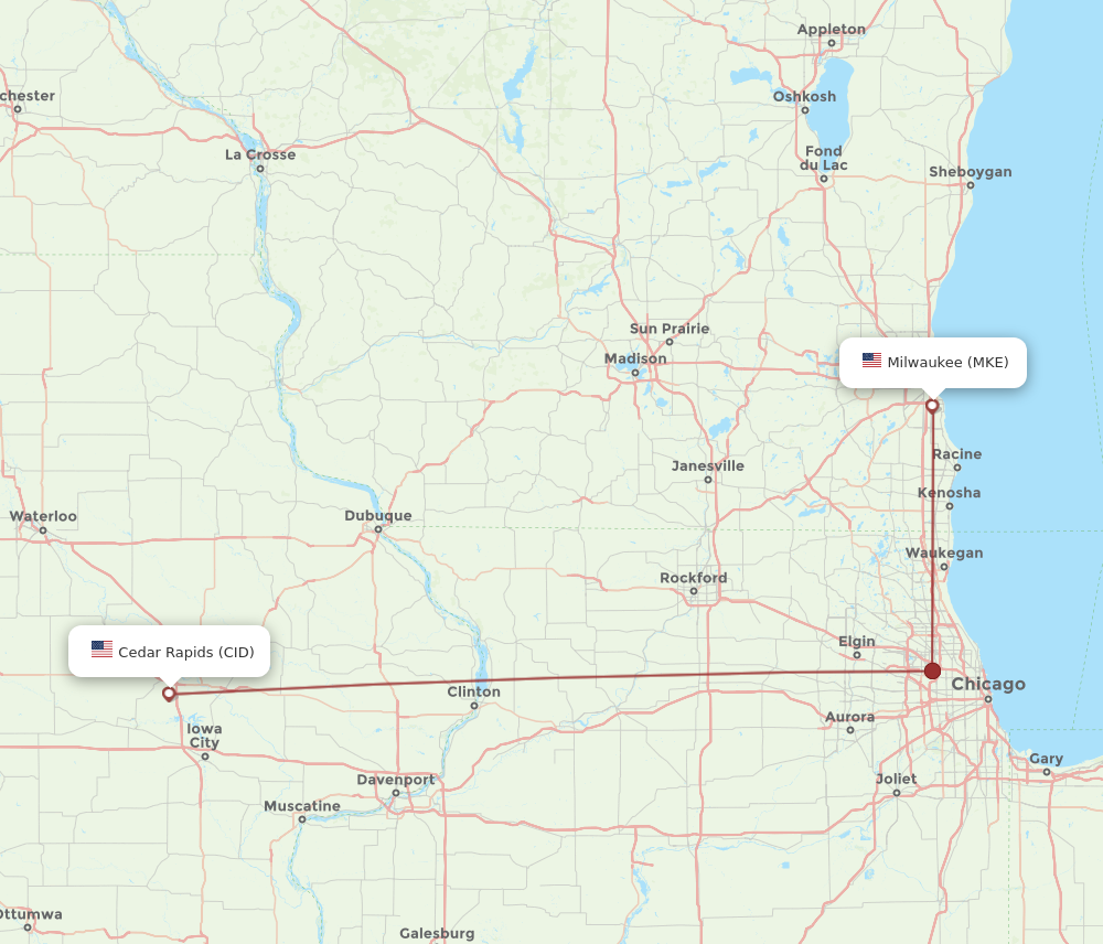 Flights from Milwaukee to Cedar Rapids MKE to CID Flight Routes