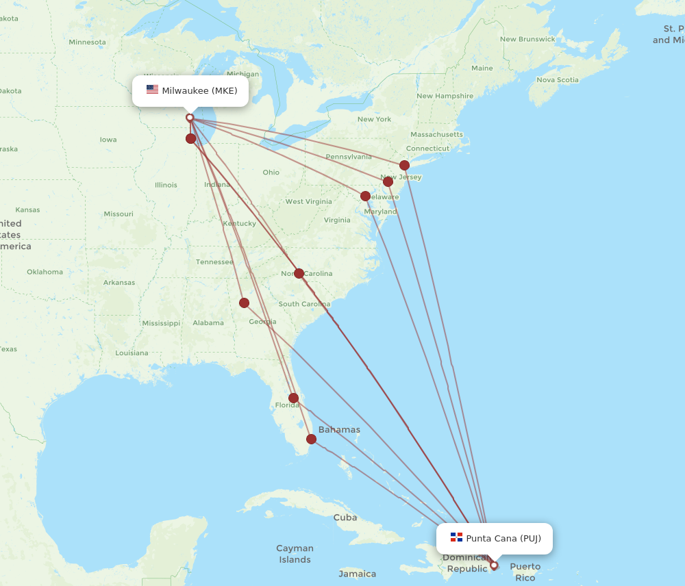 All Flight Routes From Milwaukee To Punta Cana, MKE To PUJ - Flight Routes