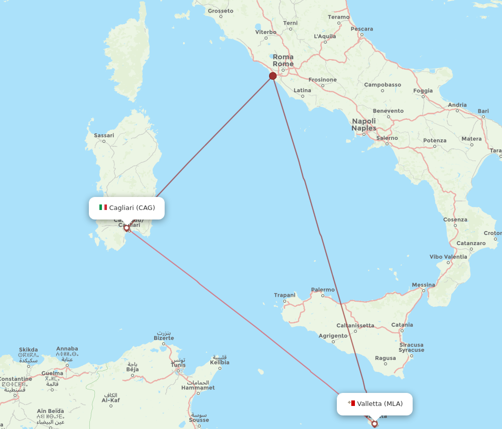 All flight routes from Malta to Cagliari, MLA to CAG - Flight Routes