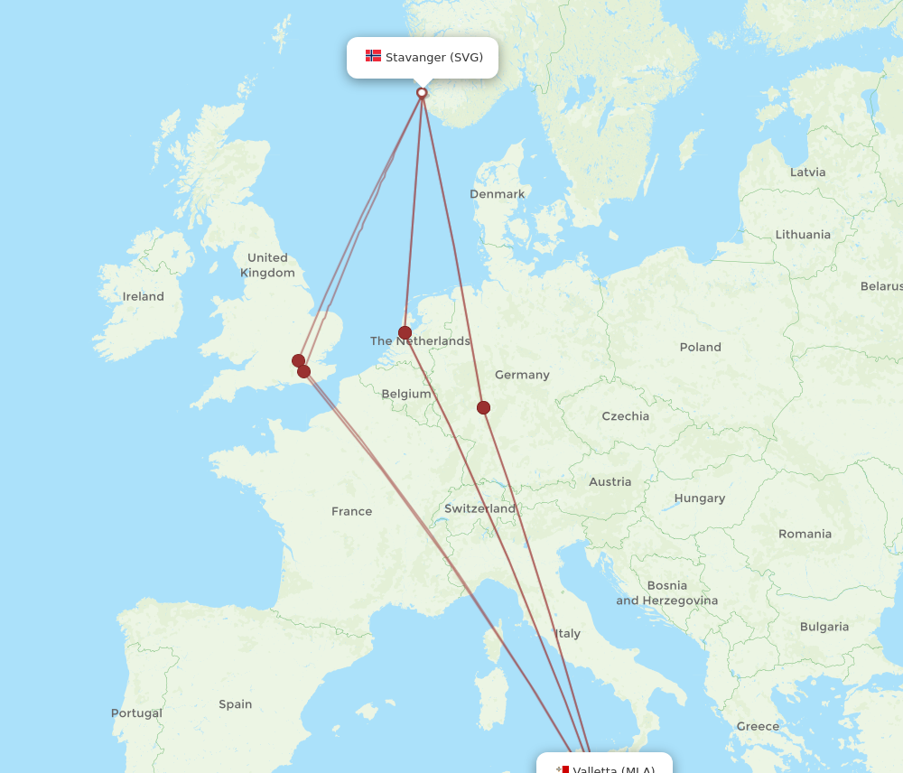 All flight routes from Malta to Stavanger, MLA to SVG Flight Routes