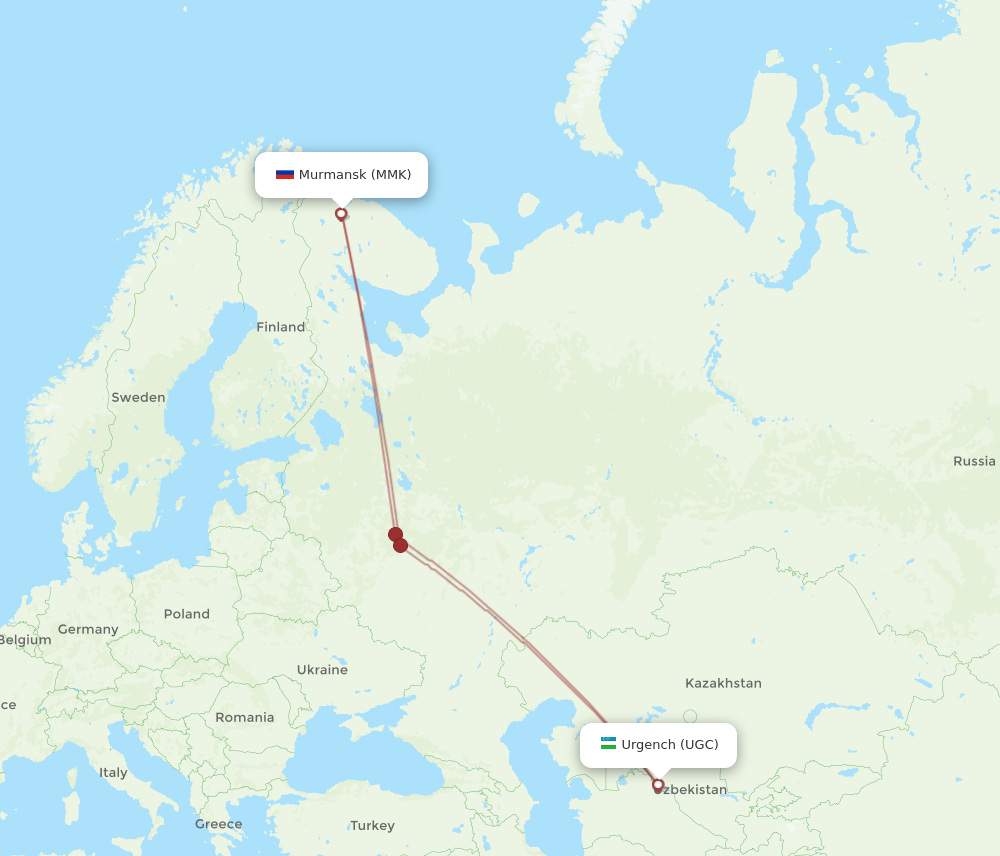 All flight routes from Urgench to Murmansk, UGC to MMK - Flight Routes