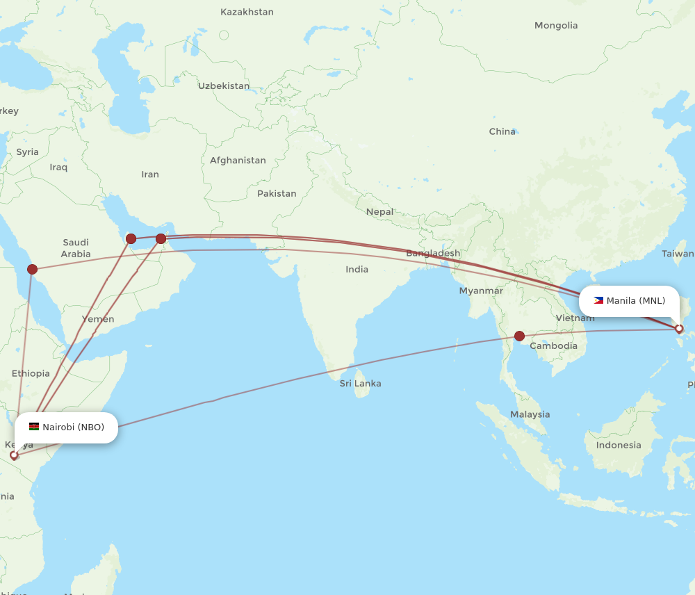 All flight routes from Manila to Nairobi, MNL to NBO Flight Routes