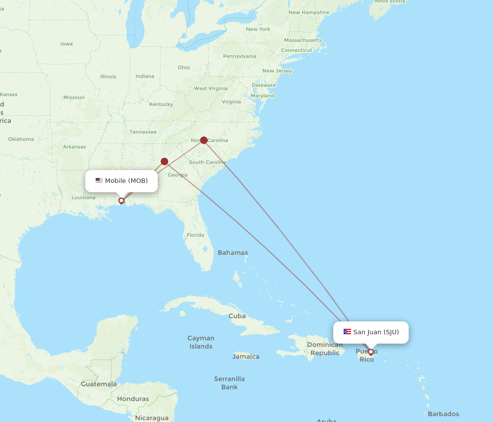 All flight routes from Mobile to San Juan, MOB to SJU - Flight Routes