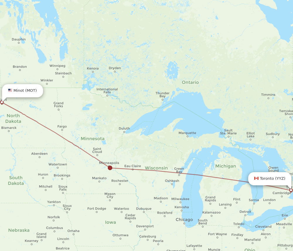 All flight routes from Toronto to Minot, YYZ to MOT - Flight Routes