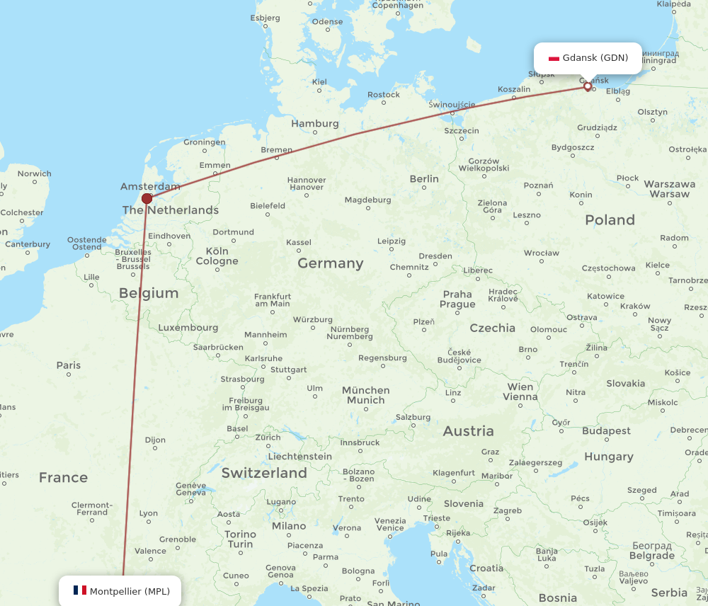 Flights From Montpellier To Gdansk, MPL To GDN - Flight Routes