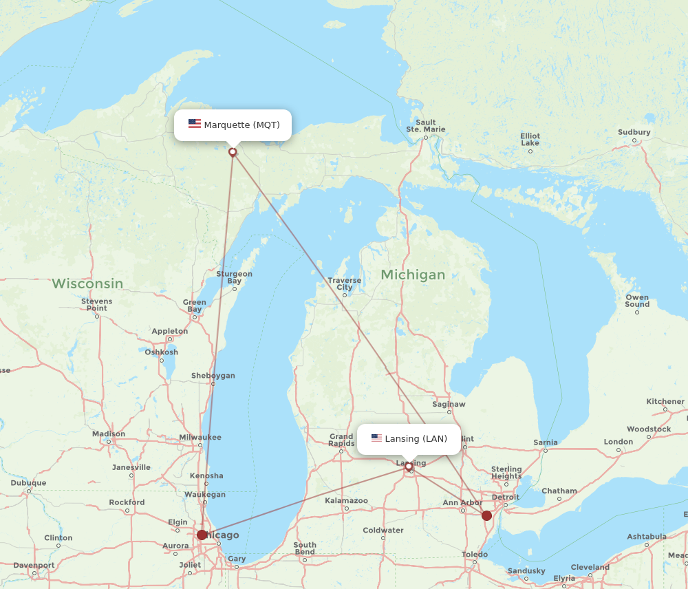 Flights from Marquette to Lansing MQT to LAN Flight Routes