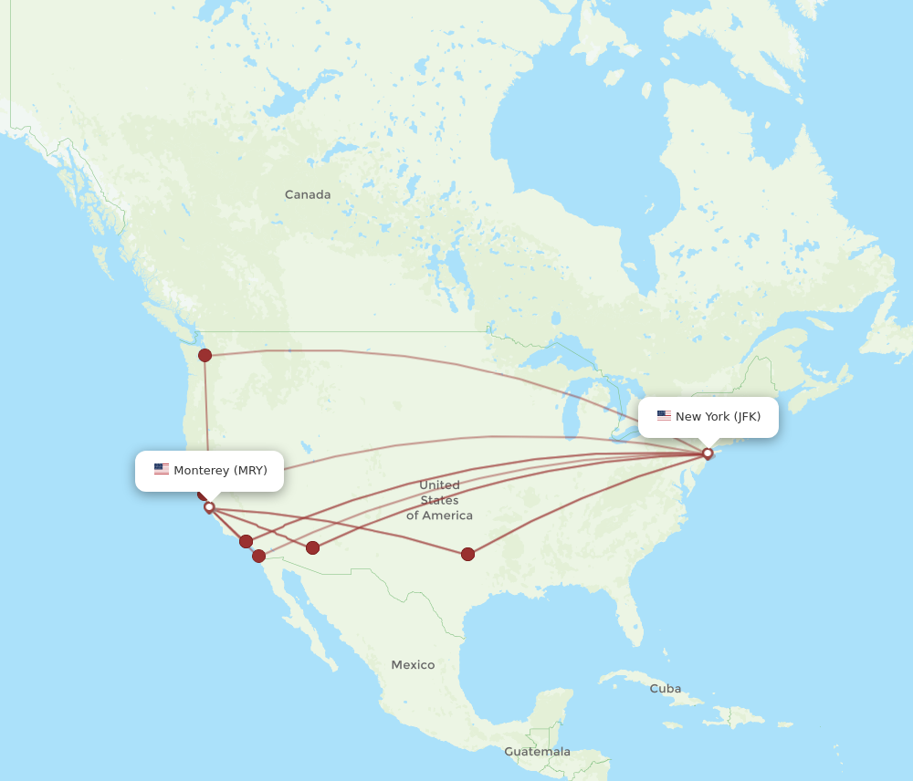 All flight routes from Monterey to New York, MRY to JFK - Flight Routes