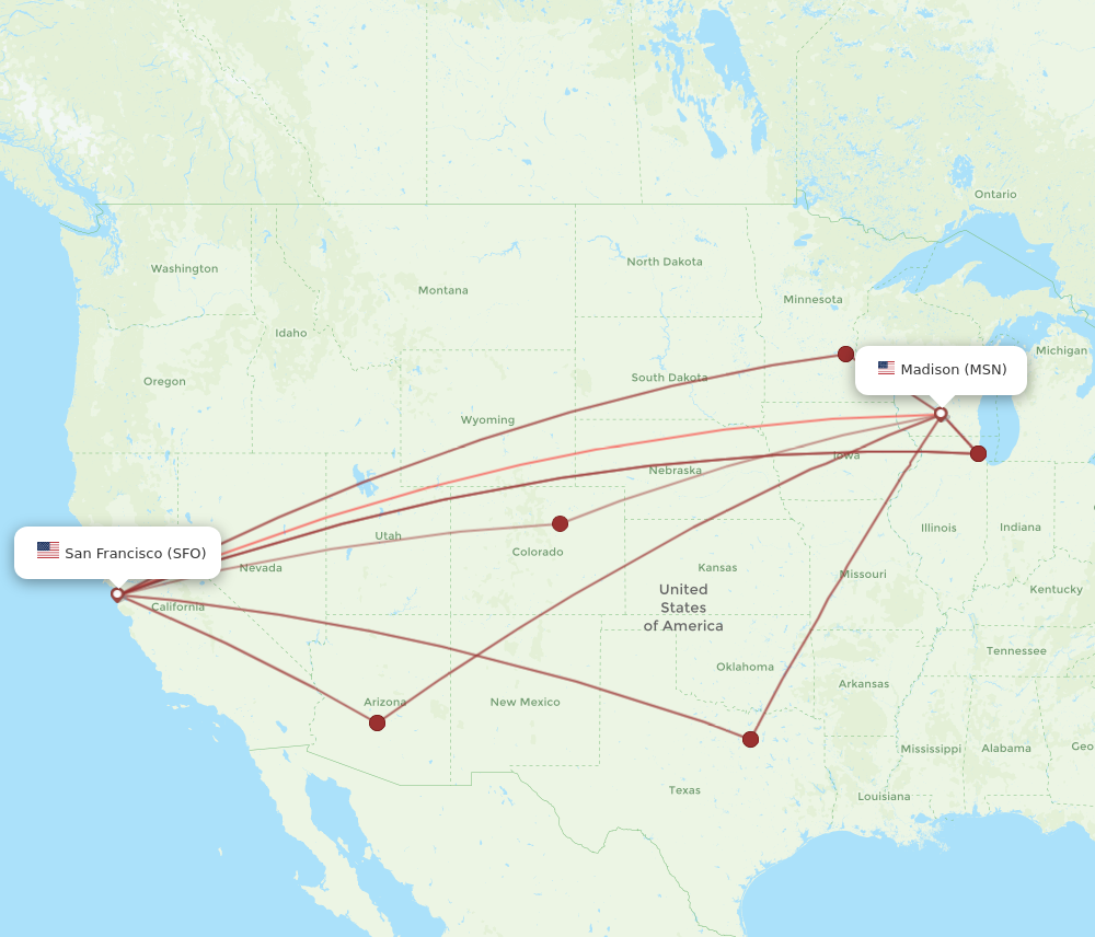 All flight routes from Madison to San Francisco, MSN to SFO - Flight Routes