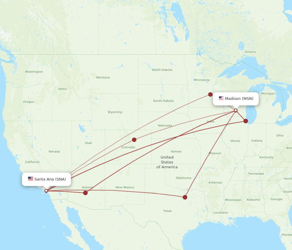 All flight routes from Madison to Santa Ana, MSN to SNA - Flight Routes