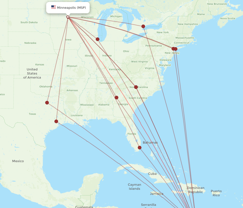 All flight routes from Minneapolis to Aruba, MSP to AUA - Flight Routes