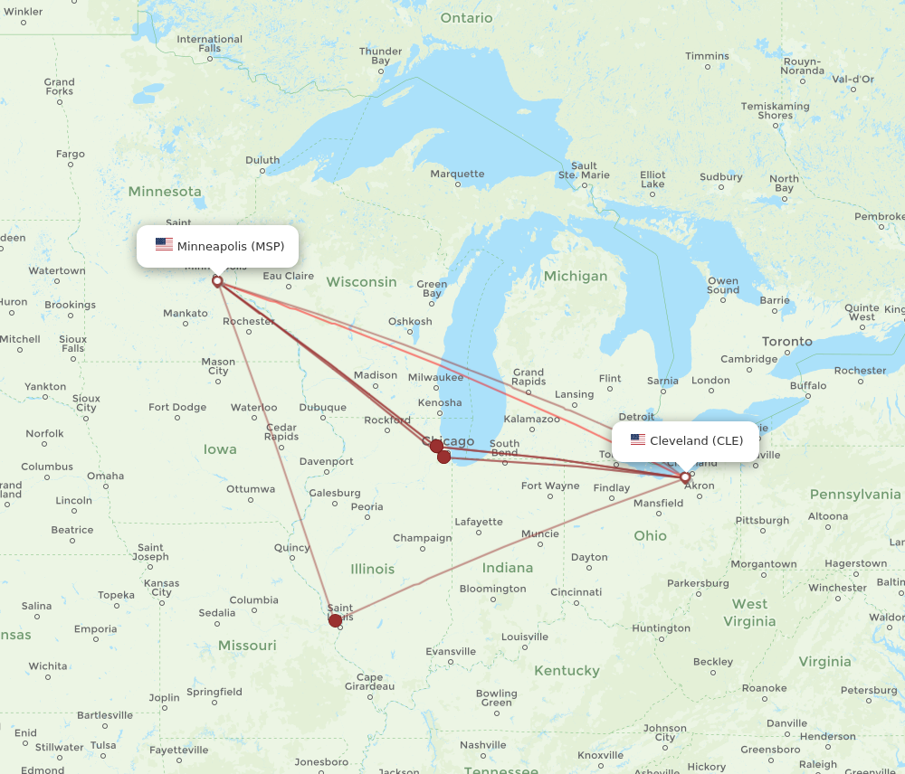 Flights from Minneapolis to Cleveland MSP to CLE Flight Routes