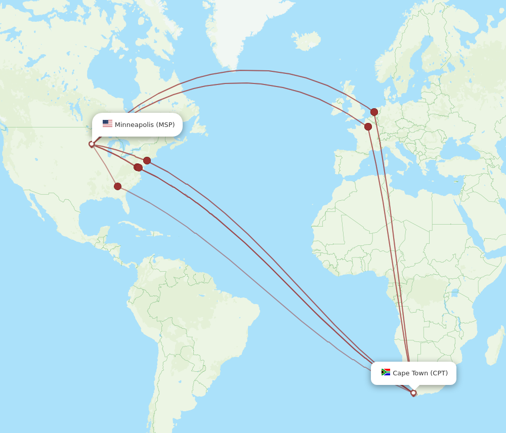 Flights from Minneapolis to Cape Town MSP to CPT Flight Routes