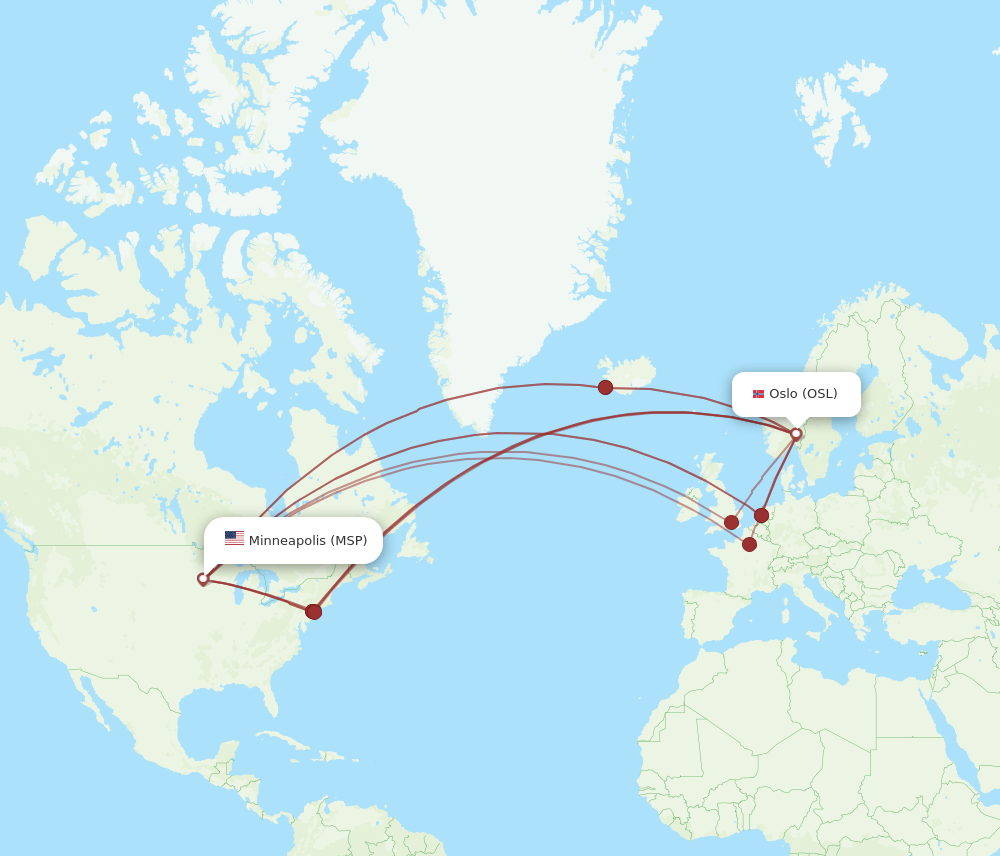 All flight routes from Minneapolis to Oslo, MSP to OSL Flight Routes