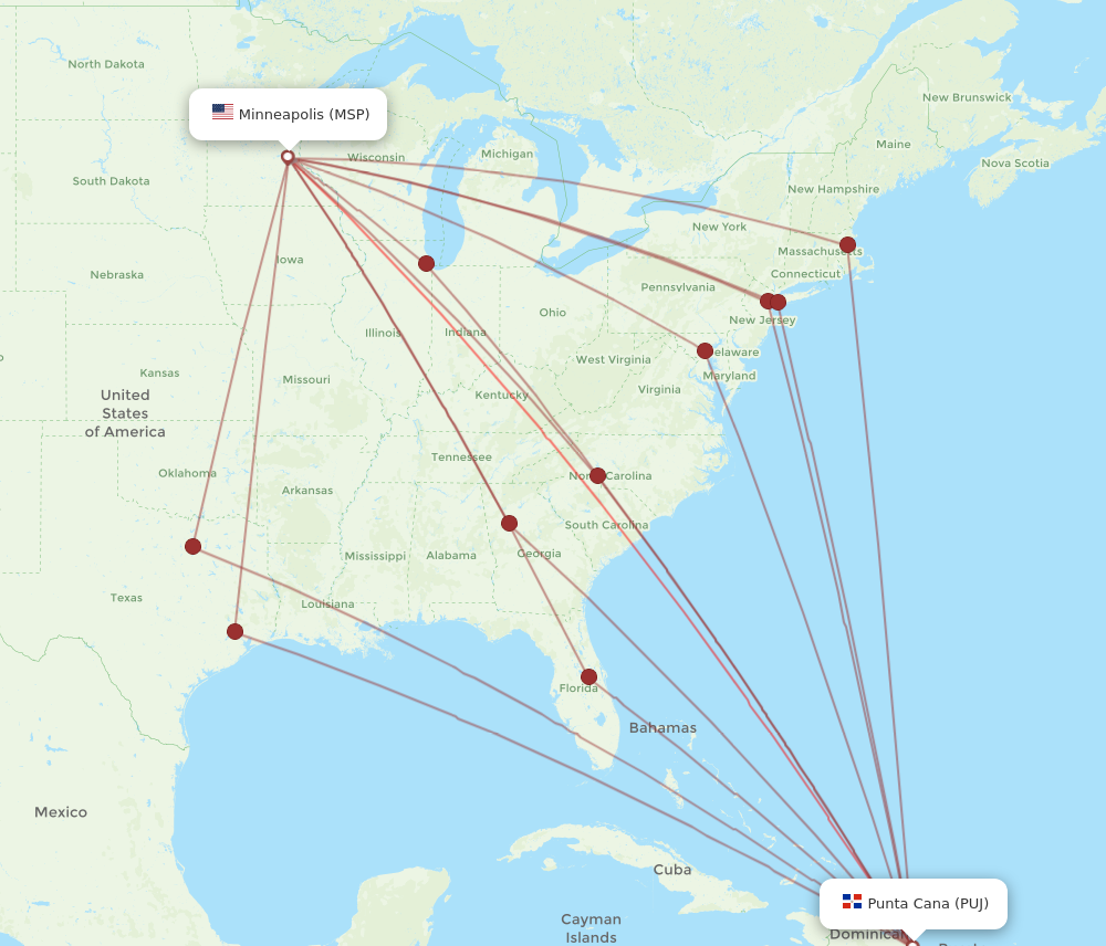 All flight routes from Minneapolis to Punta Cana, MSP to PUJ - Flight ...