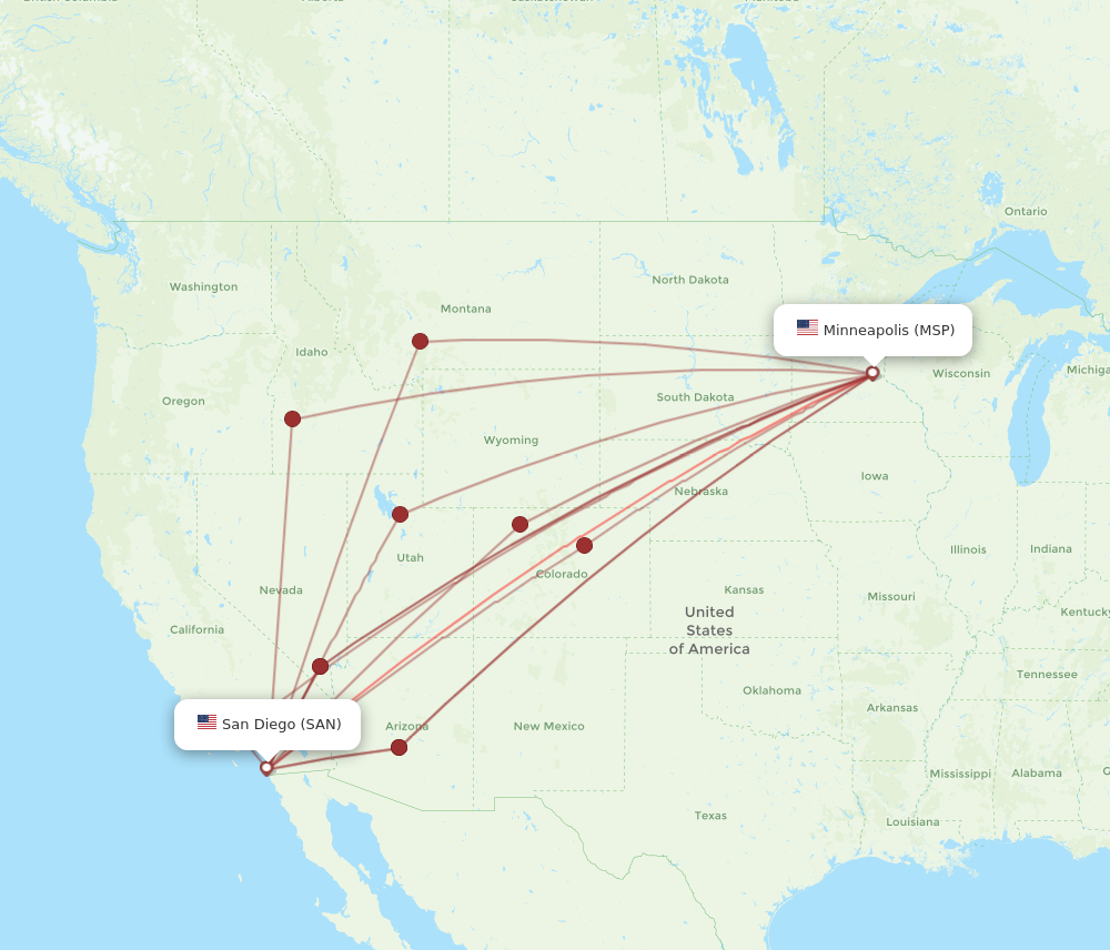 All flight routes from Minneapolis to San Diego, MSP to SAN - Flight Routes