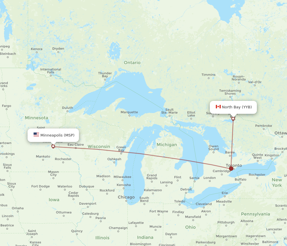 Flights from Minneapolis to North Bay MSP to YYB Flight Routes