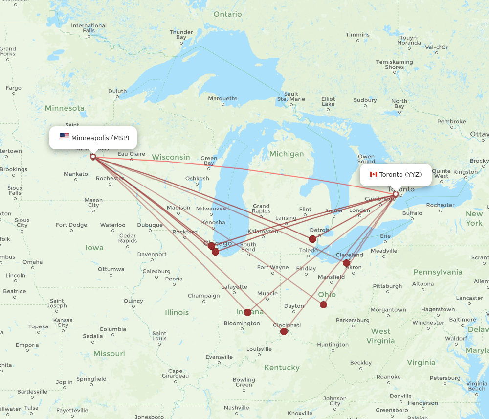 Flights from Minneapolis to Toronto MSP to YYZ Flight Routes