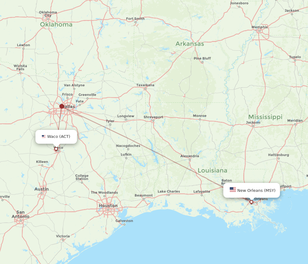 Flights from New Orleans to Waco MSY to ACT Flight Routes