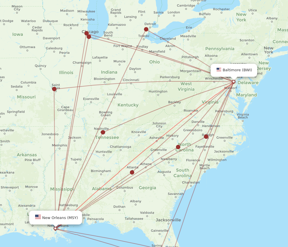 Flights from New Orleans to Baltimore MSY to BWI Flight Routes