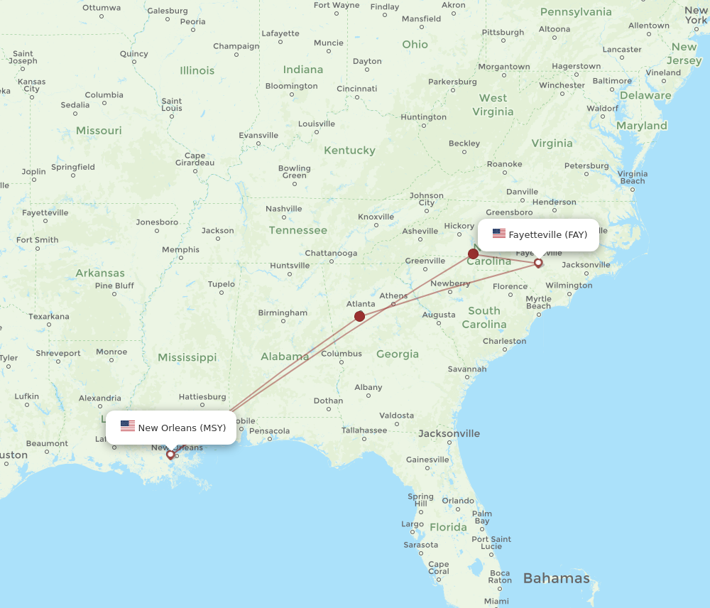 Flights from New Orleans to Fayetteville MSY to FAY Flight Routes