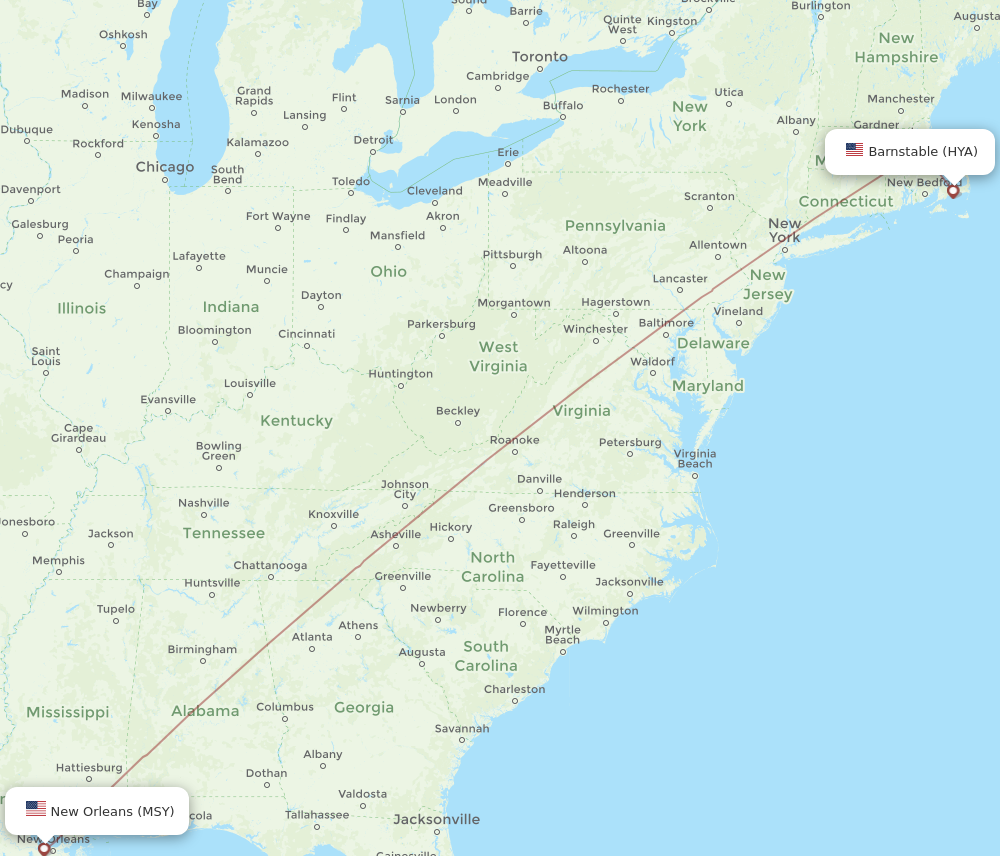 Flights from New Orleans to Hyannis MSY to HYA Flight Routes