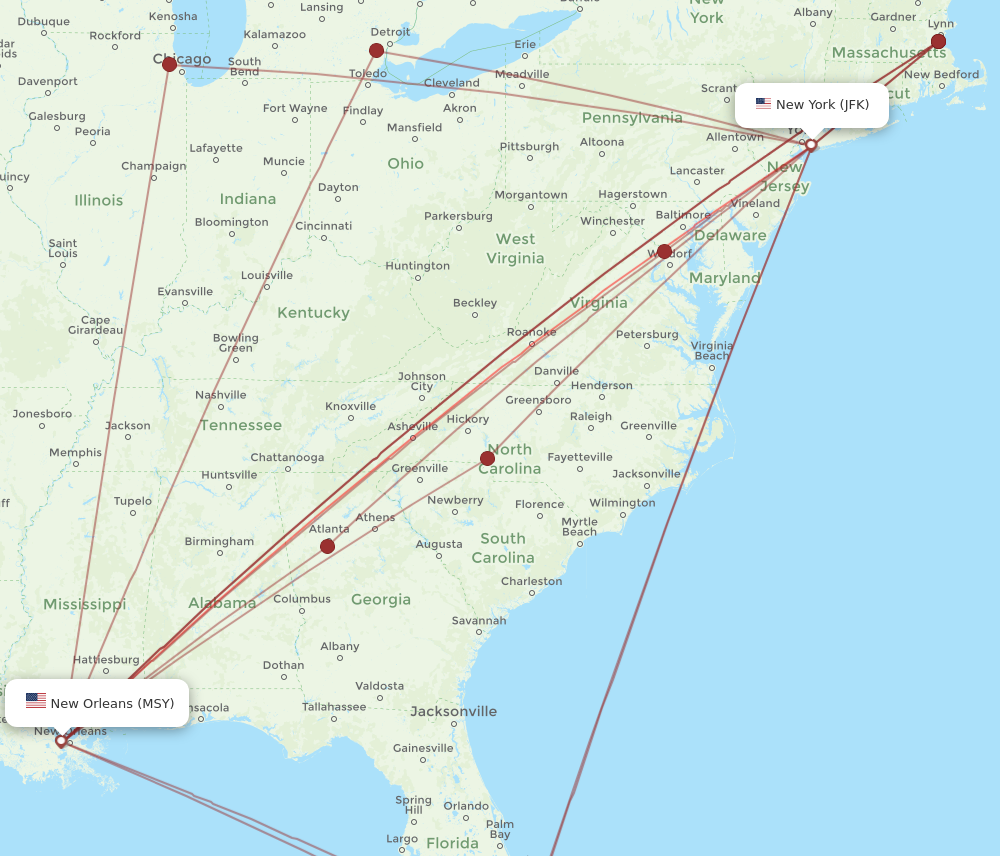 Flights from New Orleans to New York MSY to JFK Flight Routes