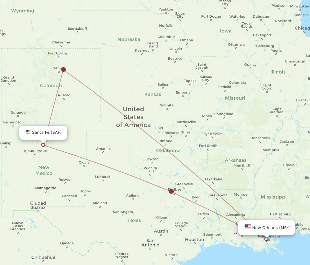 All Flight Routes From New Orleans To Santa Fe Msy To Saf Flight Routes 8110