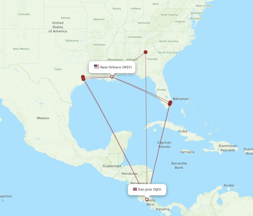 Flights from New Orleans to San Jose MSY to SJO Flight Routes