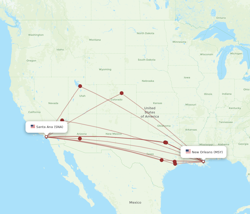 All flight routes from New Orleans to Santa Ana, MSY to SNA - Flight Routes