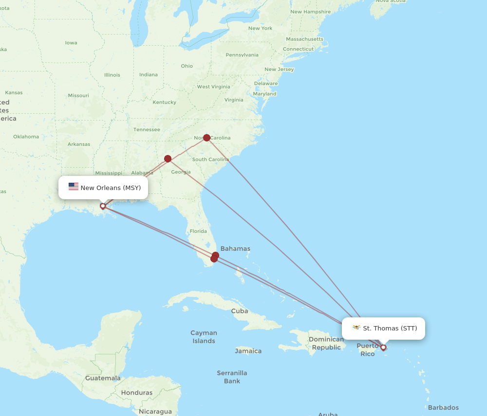 All flight routes from New Orleans to Saint Thomas, MSY to STT - Flight ...