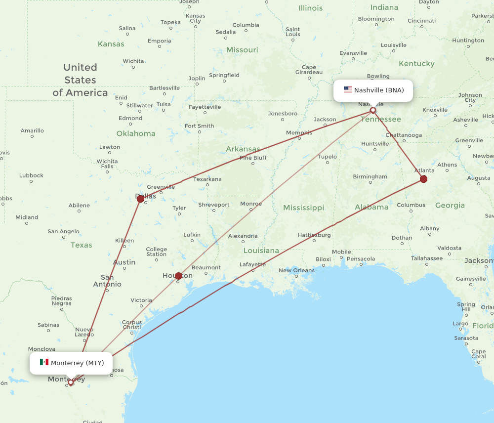 Flights from Monterrey to Nashville MTY to BNA Flight Routes